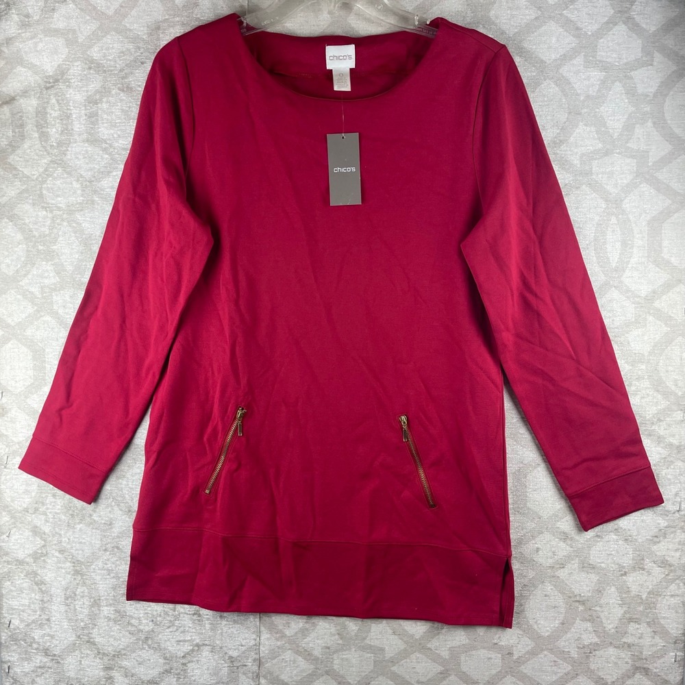 Chico's Tabbie Tunic Women Size 0 Small Red Long Sleeve Zip Pocket Knit Top NEW